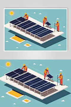 AI数字艺术太阳能光伏板工地场景插画