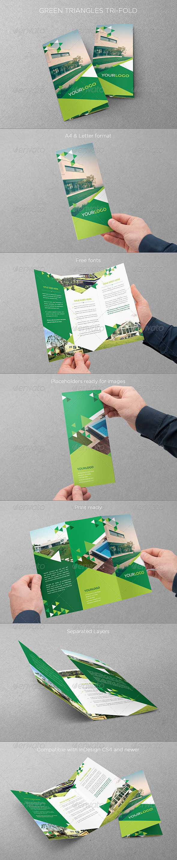 绿色三角形三折 - 宣传册打印模板@mu...