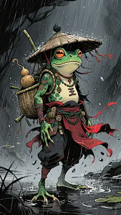 暗黑插画，张扬，青，绿，红，黑，阴暗画风，线条张力，撞色插画，线条张力展现画面冲击力 大师素描干净排线，精美，粗犷的绘制风格，随机构图，震撼感，一个融合奇幻与东方元素的艺术形象创作。呈现出青蛙王子奇异生物，带有斗笠、葫芦、竹篮等装饰，在雨中动态场景，整体营造出灵动且富有东方奇幻色彩的氛围，体现了创意想象与传统元素的融合，要求生成全身图