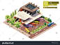 Vector isometric intercity bus terminal. Bus or coach terminus. Modern bus station building. Isometric city map elements