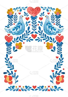 民间传说中的对称构图。插图中用了鸽子和花。