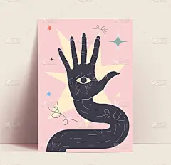 神秘的海报或壁纸概念与抽象的黑色手轮廓与眼睛在手掌上粉红色的背景。复古风格矢量插图