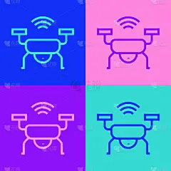 流行艺术线智能无人机系统图标隔离的颜色背景。带有视频和照片相机符号的四轴飞行器。向量