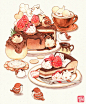 there are many desserts on the plates and one has chocolate sauce, strawberries