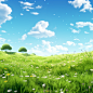 The green grass of the meadow against a blue sky, in the style of whimsical anime, 32k uhd, flower and nature motifs, realistic and hyper - detailed renderings, pastoral charm, soft and dreamy atmosphere