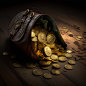 Many Gold Coins spilled from a Opened Leather Purse on the side,lies on the Old Wooden Table,Gold,Antique,Vintage,Classic,Unreal Engine,Octane Render,ZBrush,Cinematic,Color Grading,Beautifully Color-coded,Beautifully Color Graded,Quarter-view,Bird-view,Ul
