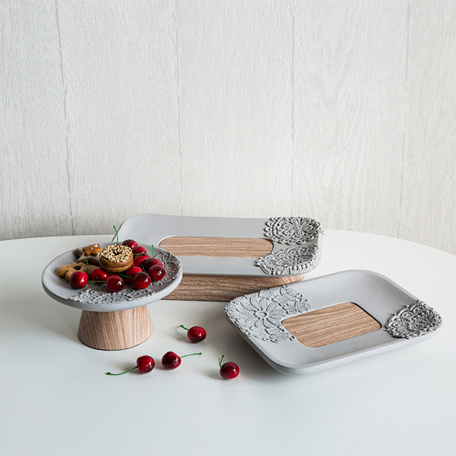 北欧创意灰色果盘 蕾丝水泥装饰果盆 家具...