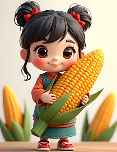 童趣Q版三维小女孩抱着玉米秋日丰收节插画
