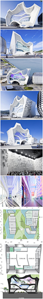 #GN分享#韩国丽水2012年世博会现代汽车集团工业馆，由Unsangdong Architects设计。建筑像个大音响，更是个包含多种事件的环境雕塑。建筑师用“运动想象”的概念，将山、水、运动都转化为建筑的三维能量波语言，与周围公园和海景形成巨大共鸣和共振。http://t.cn/aKS67f
