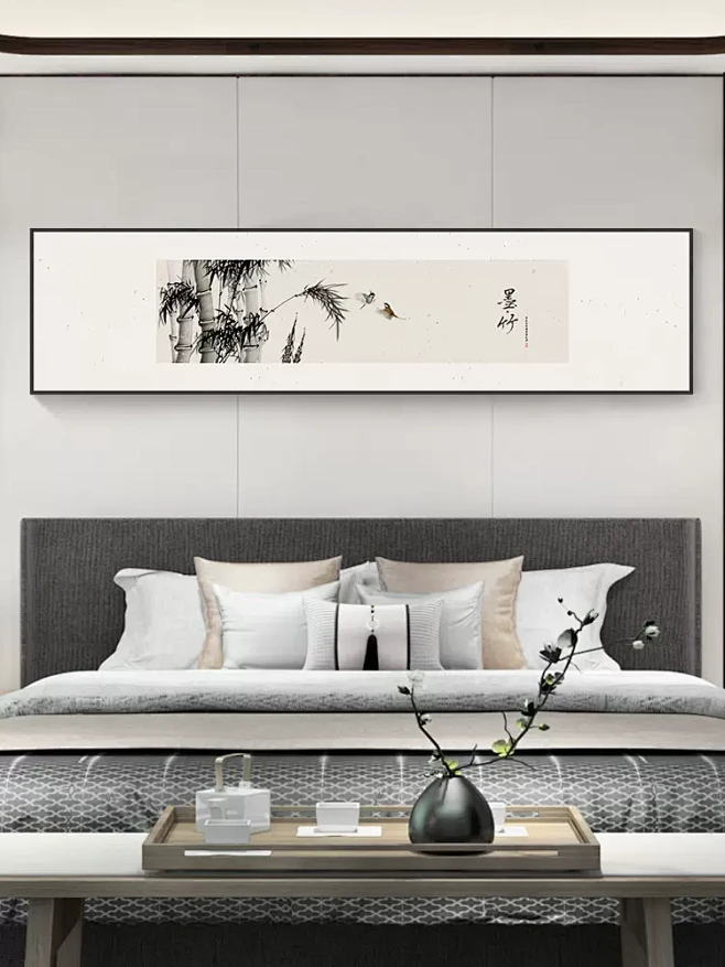 新中式卧室装饰画国画横版水墨挂画禅意中国...