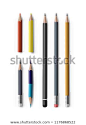 Vector set of realistic sharpened pencils of various types and lengths, with eraser , double-sided, hexagonal, triangle and cylindrical isolated on white