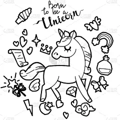 可爱的独角兽和小马收集魔法物品，彩虹，仙女的翅膀，水晶，云彩，药水。手绘线条风格。