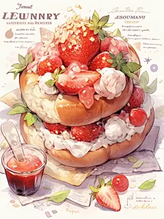 美食手帐插画明信片素材分享-草莓甜甜圈 - 小红书