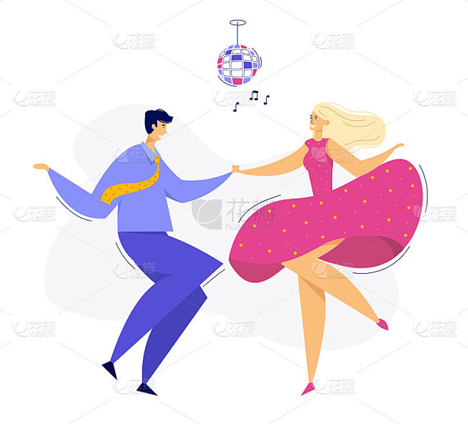 年轻夫妇跳舞摇摆，摇滚，流行。夜总会迪斯科派对与男性和女性舞者的角色。矢量平面卡通插图
