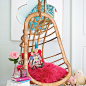 Teen Girls Room with Rattan Hanging Chair and White Faux Bois Table, Contemporary, Girl's Room