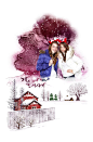 冬季落雪的房屋和美女PSD分层素材|长发|冬装|房子|服装|韩国素材|节日素材|开心|模特|人物|圣诞节|时装|树木|水彩画|笑容|秀发|雪地|雪景|羽绒服