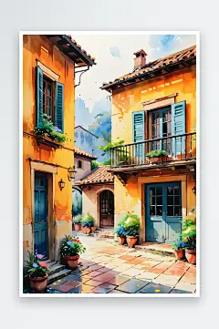 手绘油画老房子四合院插画-众图网