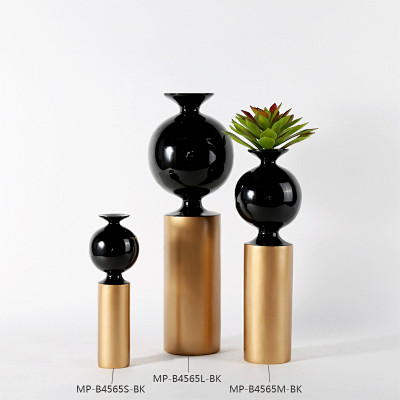 简欧创意金黑色花瓶摆件古罗马花器柱子小圆...