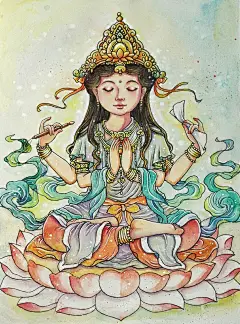 四臂菩萨 水彩插画