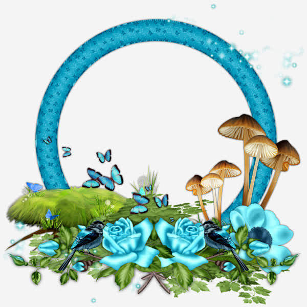 蓝色鲜花和蘑菇圆框高清素材 圆框 蘑菇 ...