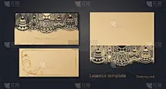 新年和圣诞节。激光贺卡模板, 新年活动邀请函。冬季开机, 雪纹从工艺纸, 纸板, 黄金浮雕插入卡。向