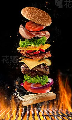 Flying burger ingredients above grillFlying burger ingredients above grill fire. Concept of low gravity motion and meal preparation. Isolated on black background