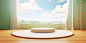 Table top, wood, white background, round windows, sky, realism, 3D rendering, HD 32K,