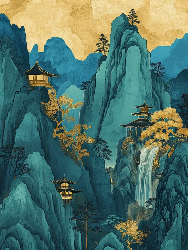 鎏金山水画海报-花瓣网