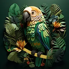 绿叶鹦鹉杂志封面，素描风格，纸雕