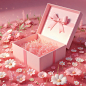 A pink empty open gift box on the wide grass surrounded by flower, with a pink background, in the cartoon style, rendered in C4D, as a 3D scene displaying a product, with soft lighting creating a dreamy atmosphere with high saturation and clear details, u