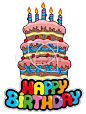 Happy birthday sign with tall cake - illustration.