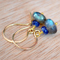 Labradorite Earrings, Drop, Kyanite Gemstones, Royal Blue Semiprecious Stone Stack, Sterling Silver or Gold Jewelry, Free Shipping : These labradorite earrings are a pretty combination of royal blue and dark grey. They contain small, royal blue kyanite st