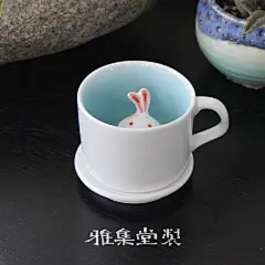 【雅集堂】青瓷咖啡杯碟 手绘超萌胖兔子陶艺杯 带盖 新年礼物 原创 设计 新款 2013