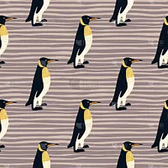 卡通儿童企鹅无缝图案手绘风格。淡紫色条纹背景。动物园的背景。
