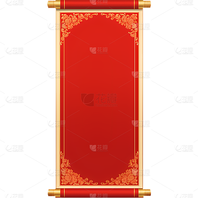 中国风通用红色中式竖版卷轴元素素材