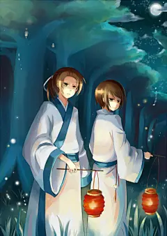 7号馒头  的插画 森林的萤火