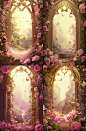 A digital art illustration depicting a charming fairy tale background, with pink roses and butterflies framed by golden arches and a color scheme of pink and gold. It features Disney cartoon character style, realistic portrait painter style, bright colors