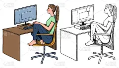 妇女在家用电脑工作。手绘矢量插图。远程工作者，自由职业者，家庭办公室，学生概念。涂鸦，简单风格的图片