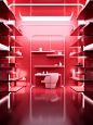 A lab room with red shelves and toilet, in the style of ray tracing, luminous sfumato, ricoh r1, dark pink and white, physically based rendering, salon kei, pure color