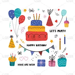 生日晚会上有一些孤立的元素.手绘插图,贺卡,邀请设计元素.有蜡烛和气球的蛋糕节日庆祝派对装饰手写字体