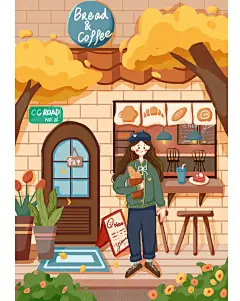 扁平风｜室外场景插画｜面包店