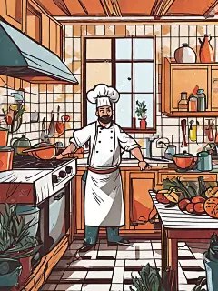 AI数字艺术手绘厨师在厨房烹饪插图
