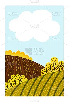 简单的颜色矢量插图在平面风格。农村的秋景，农田，山丘灌木，蓝天，白云。大自然。模板，海报，明信片，传