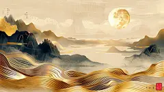 中秋中式金色山水圆月插画