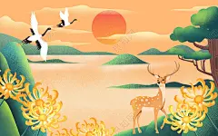 古风重阳节鹿与鹤复古风景原创插画海报