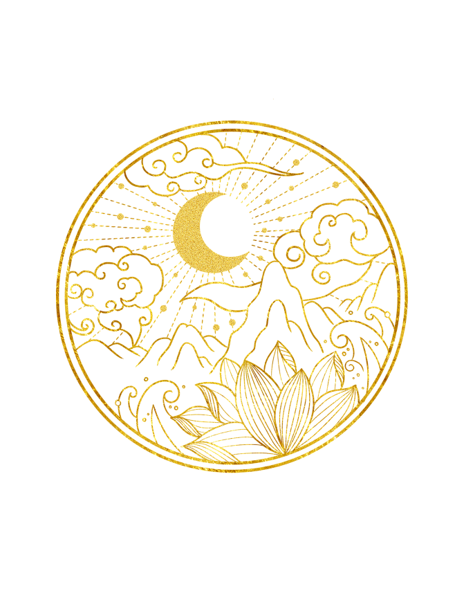 中国风古风鎏金中秋月亮烫金线描山川荷花