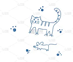 猫和老鼠的孩子绘画，手绘矢量插图孤立的白色。