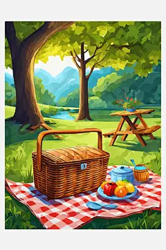 户外野餐卡通插画AI数字艺术-众图网