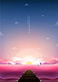 帆船码头 梦幻场景 手绘风景 风景插画插图设计AI tid064t002394