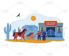 马背上的男牛仔、狂野西部沙龙、沙漠村屋、传统城市酒吧，设计卡通风格矢量插画。